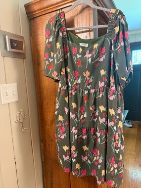 crosby. Olive Green Floral Tiered Dress with Pink Red Yellow Flowers
